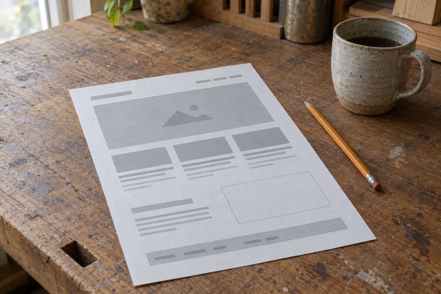 A printed website proof with blank grey blocks, beside a pencil and a cup on a timber counter.