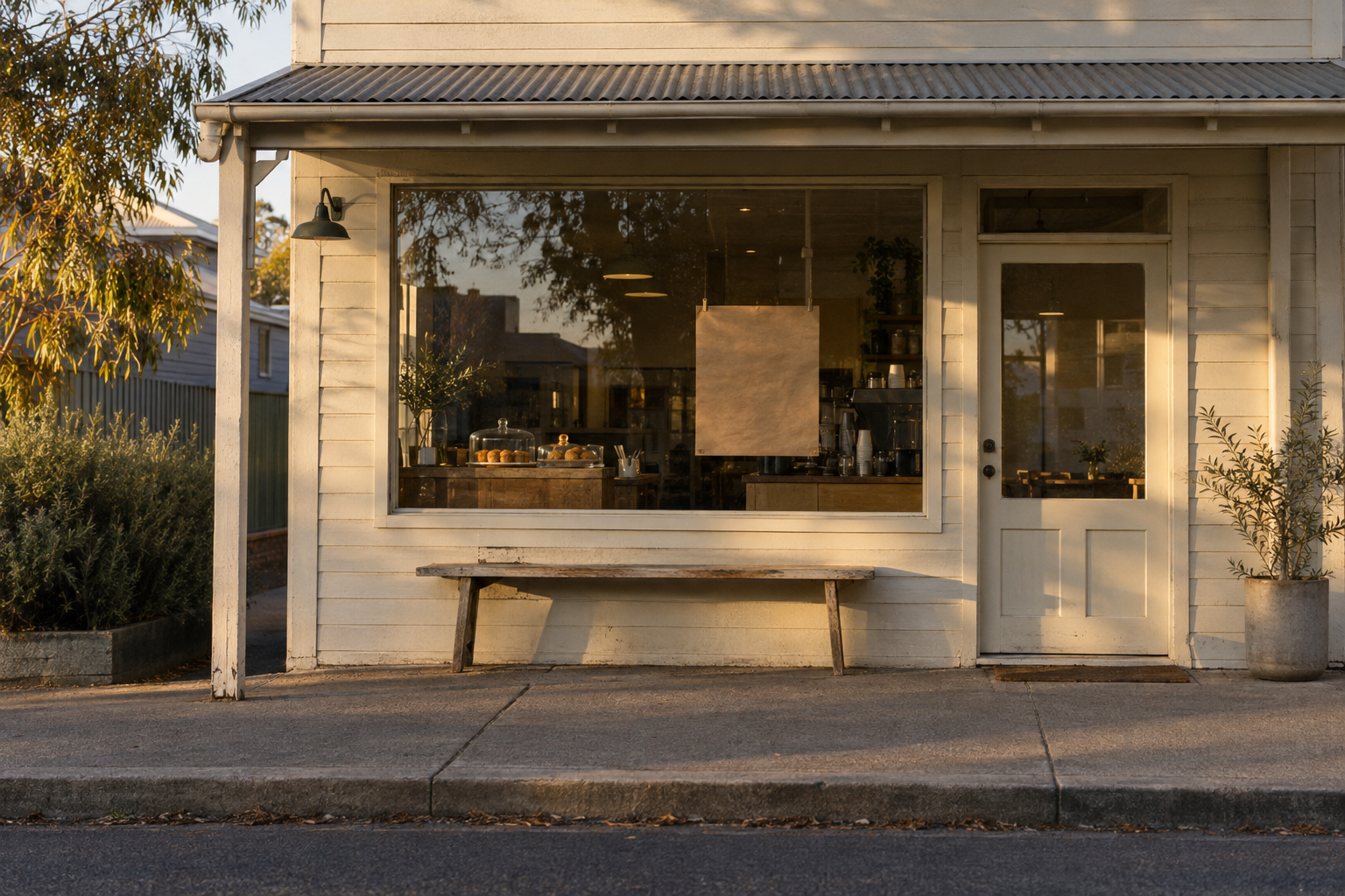 A quiet cream-painted shopfront in late afternoon light, with an empty paper sign in the window.